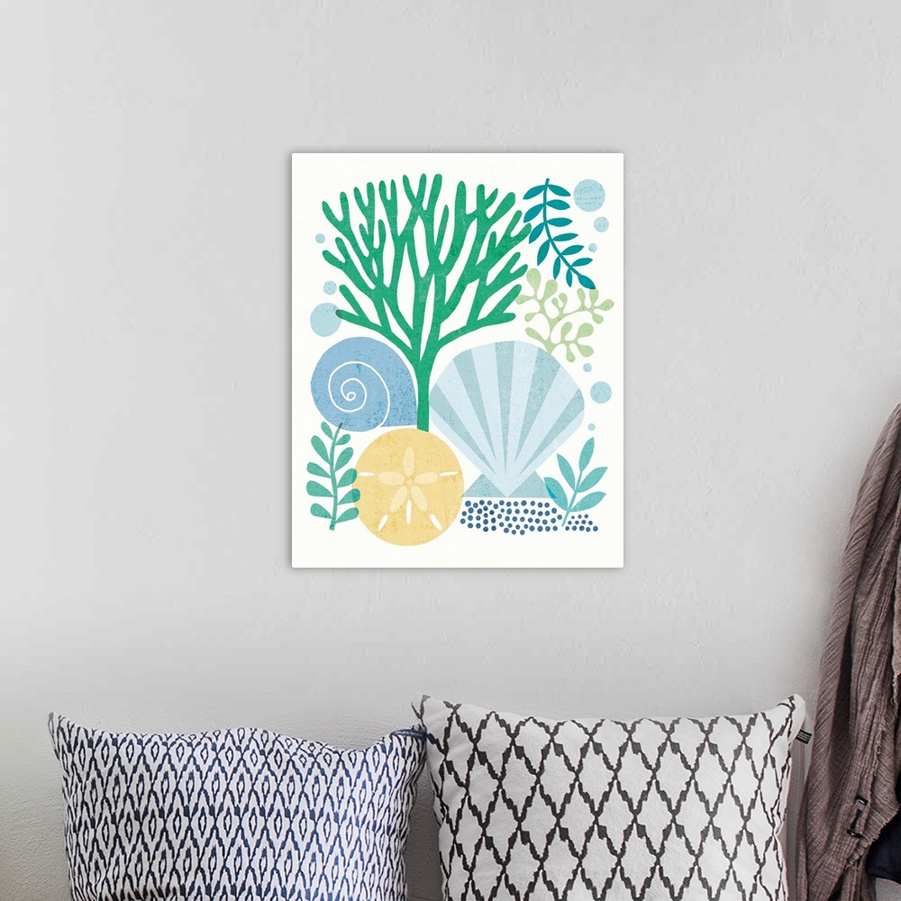 A bohemian room featuring Beach themed illustration with seashells, coral, a sand dollar, and various saltwater plants.