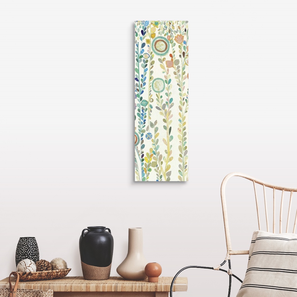 A farmhouse room featuring Lighthearted and abstract floral contemporary floral art.