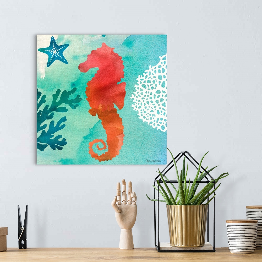 A bohemian room featuring A square contemporary watercolor design of a red seahorse with ocean elements.