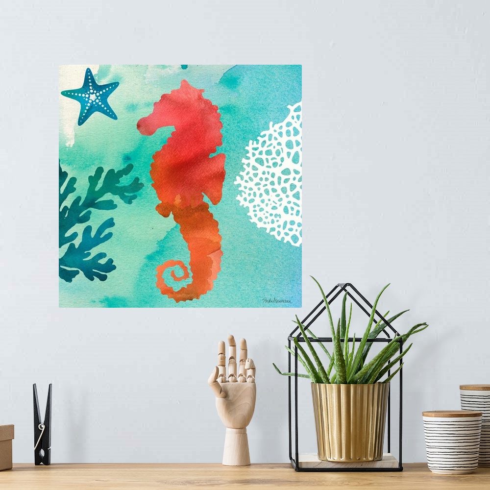 A bohemian room featuring A square contemporary watercolor design of a red seahorse with ocean elements.