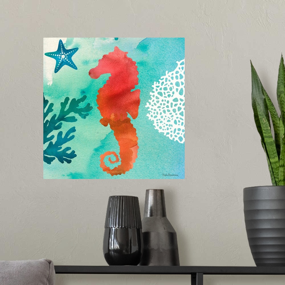 A modern room featuring A square contemporary watercolor design of a red seahorse with ocean elements.