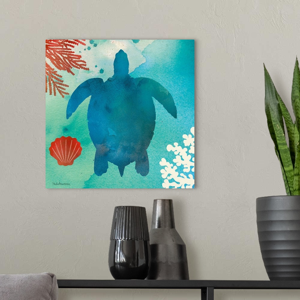 A modern room featuring A square contemporary watercolor design of a blue sea turtle with ocean elements.