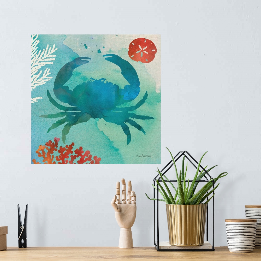 A bohemian room featuring A square contemporary watercolor design of a blue crab with ocean elements.