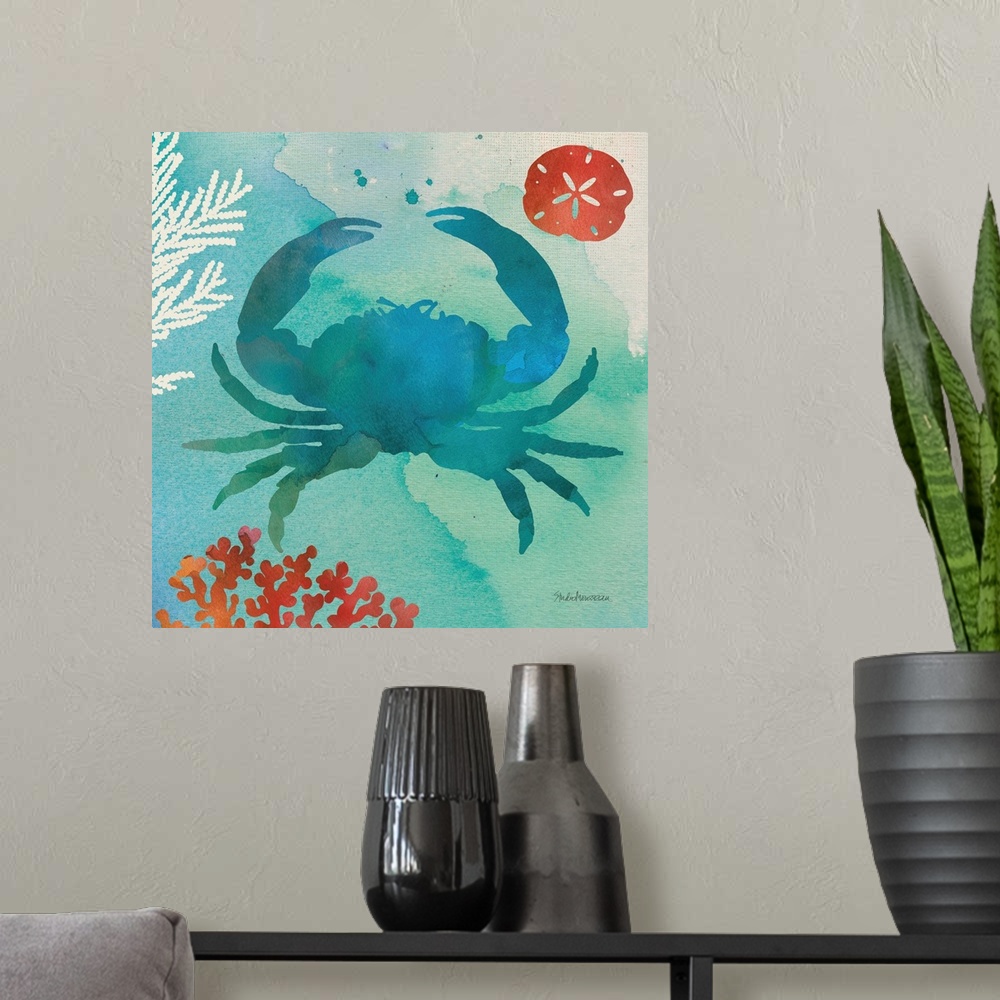 A modern room featuring A square contemporary watercolor design of a blue crab with ocean elements.