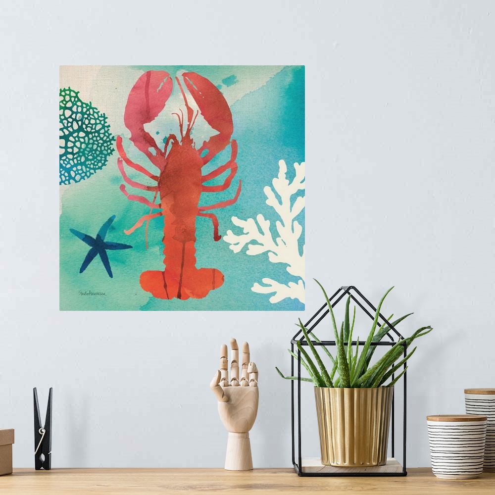 A bohemian room featuring A square contemporary watercolor design of a red lobster with ocean elements.