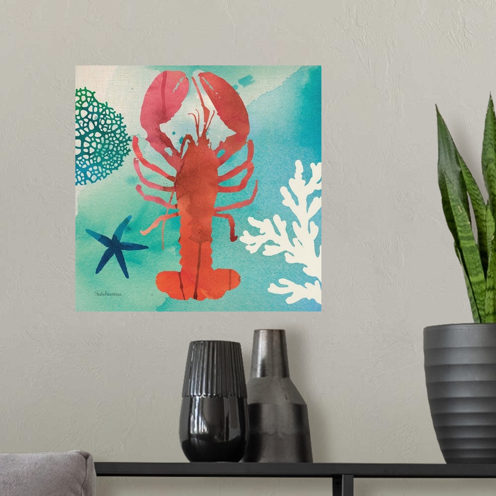 A modern room featuring A square contemporary watercolor design of a red lobster with ocean elements.