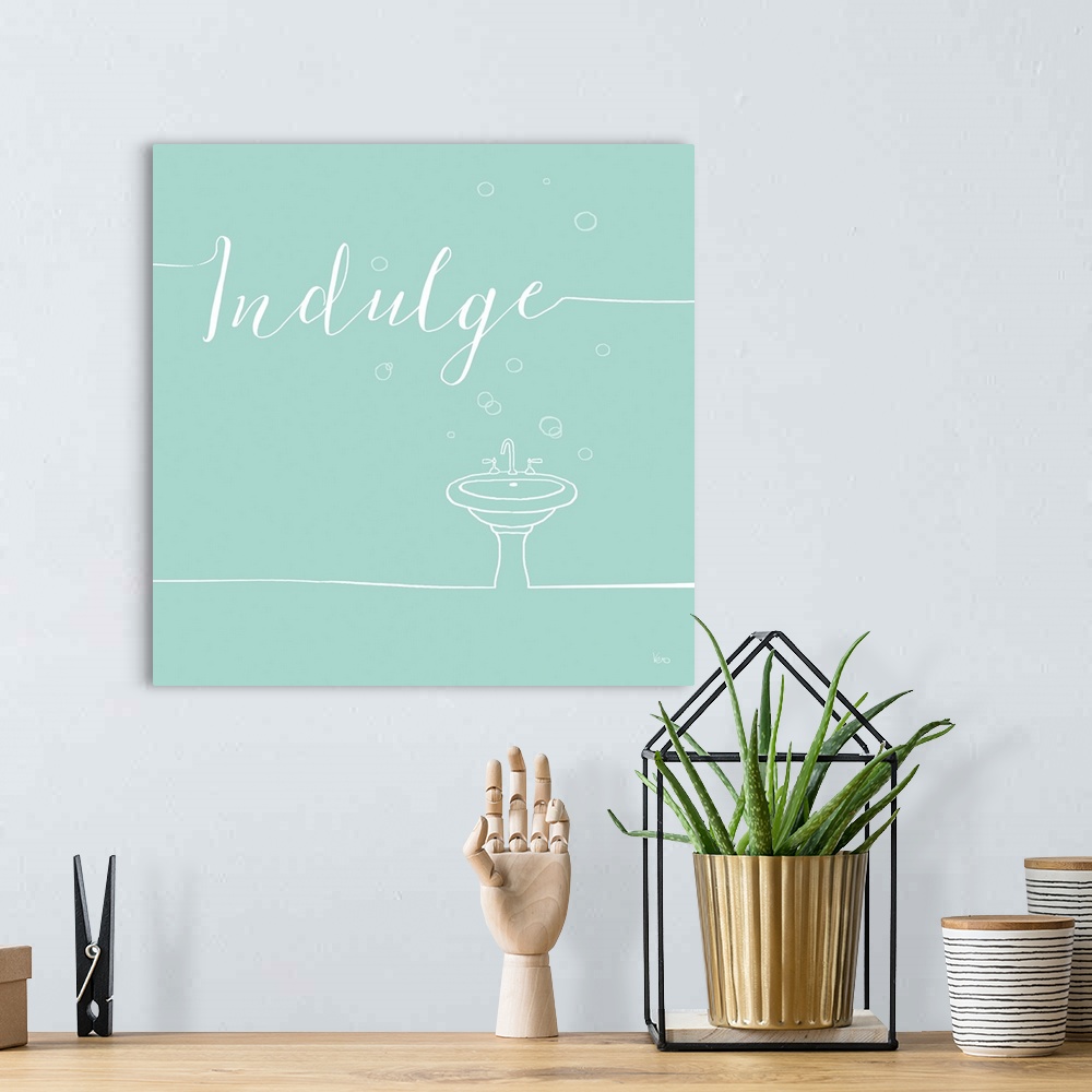 A bohemian room featuring Teal and white square bathroom decor with the word "Indulge" written at the top, an illustration ...