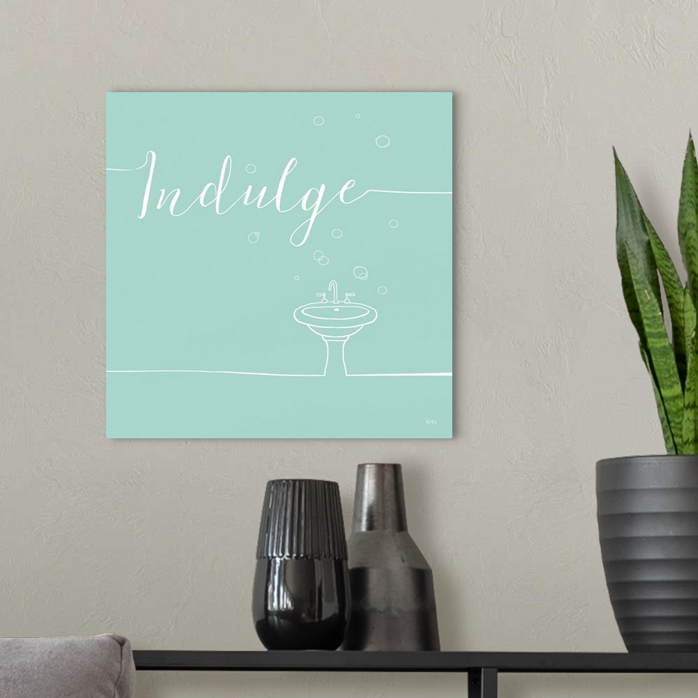 A modern room featuring Teal and white square bathroom decor with the word "Indulge" written at the top, an illustration ...