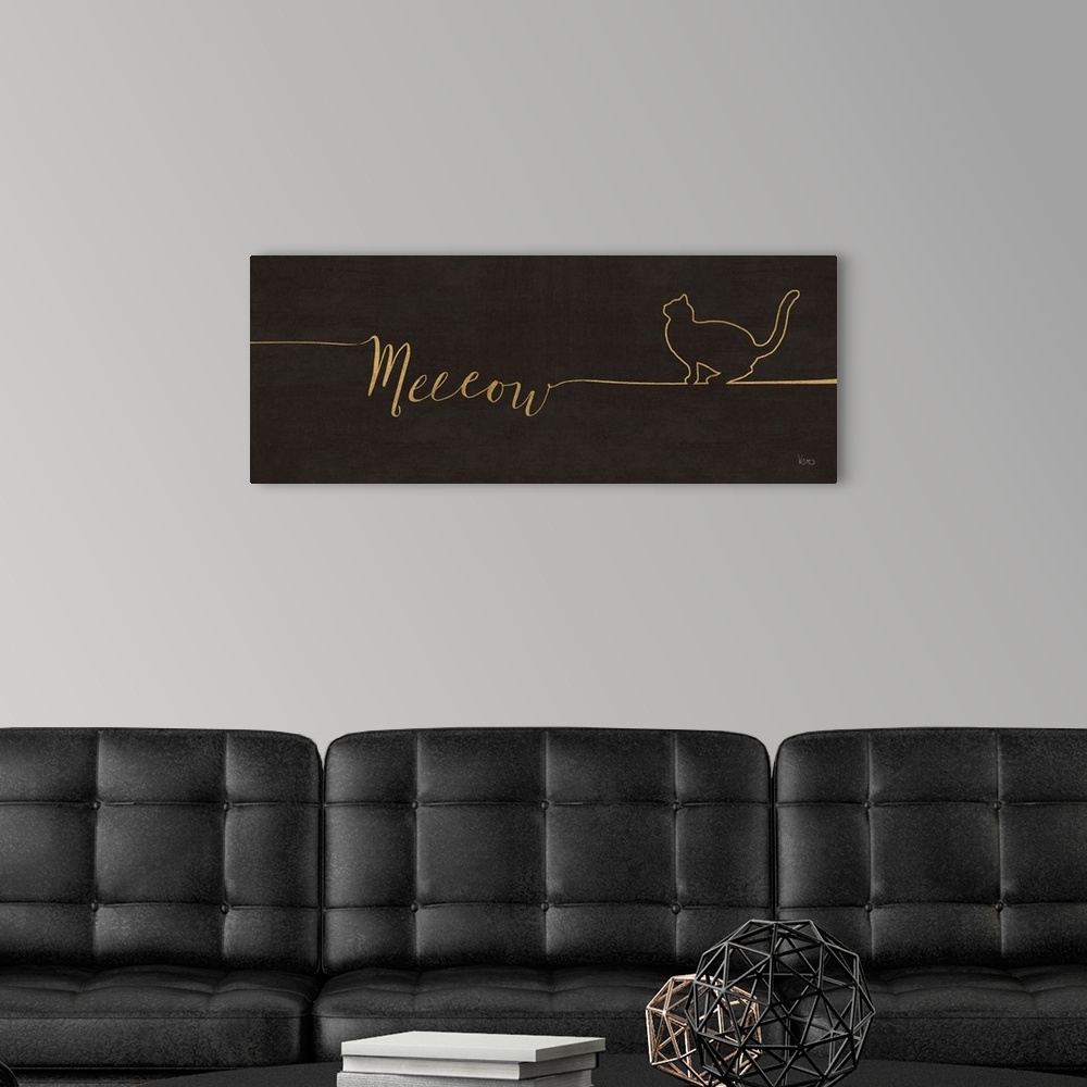 A modern room featuring "Meeeow" with the outline of a cat on a textured black background.