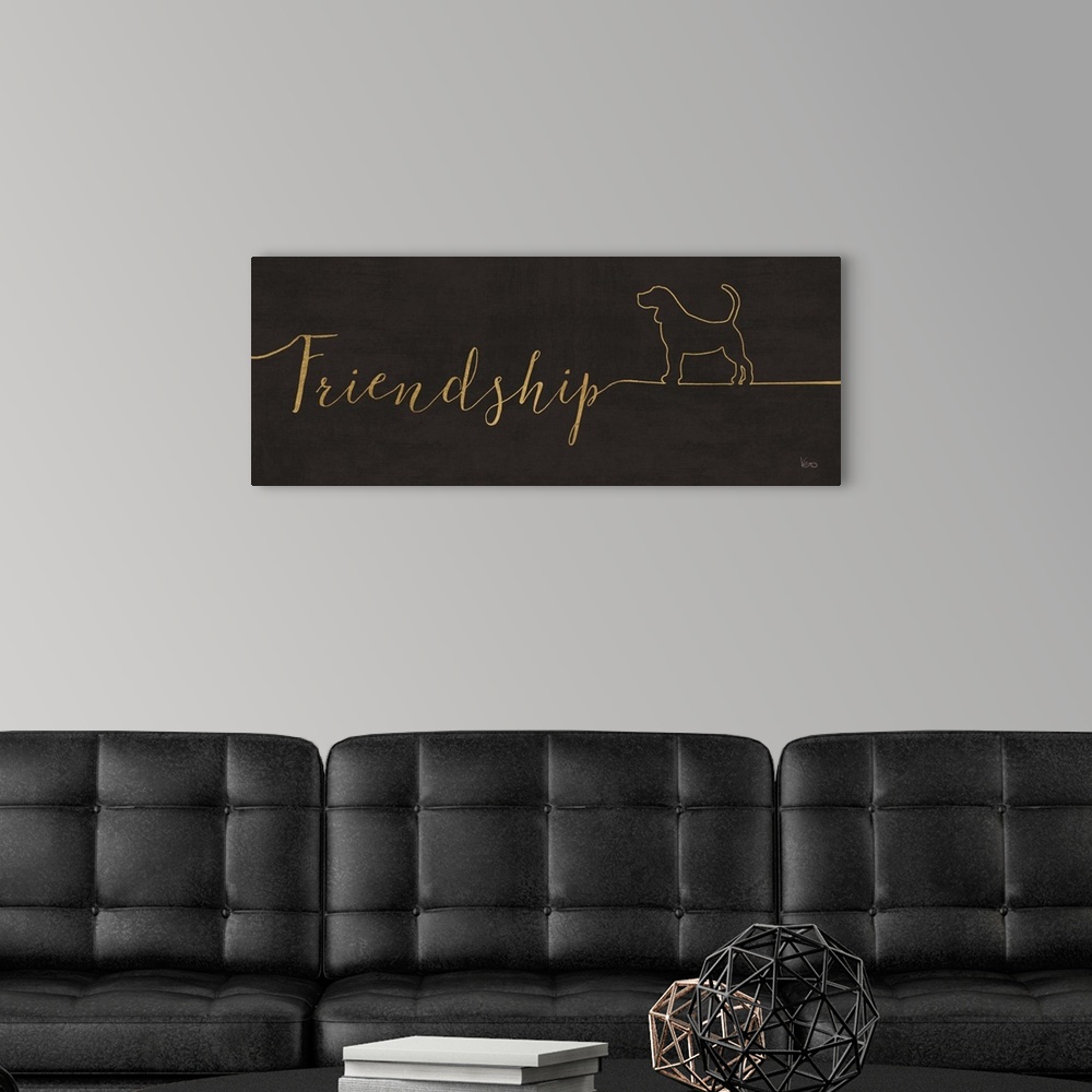 A modern room featuring "Friendship" with the outline of a dog on a textured black background.
