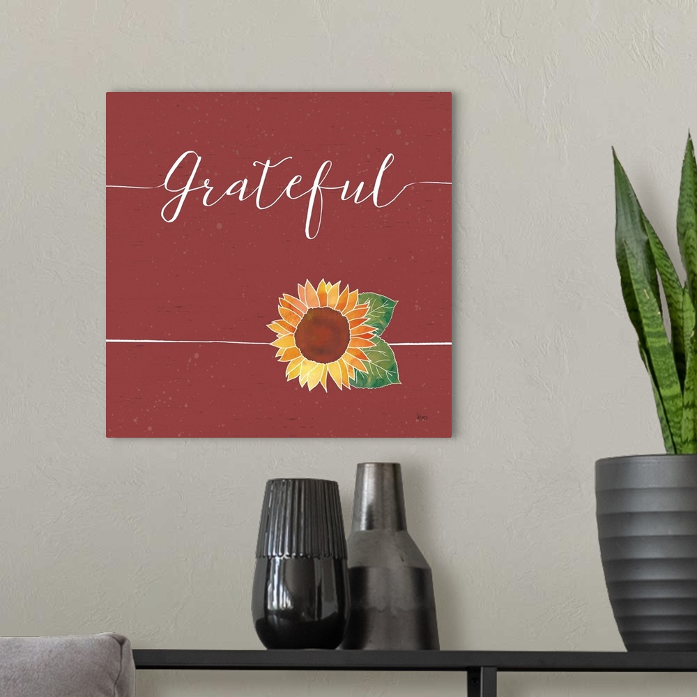 A modern room featuring "Gratetful" with a sunflower on a wood textured red background.