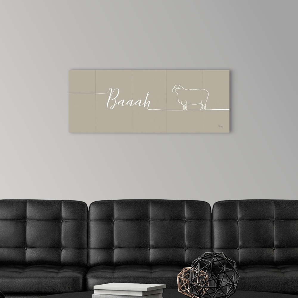A modern room featuring "Baaah" with the outline of a sheep on a beige plank background.