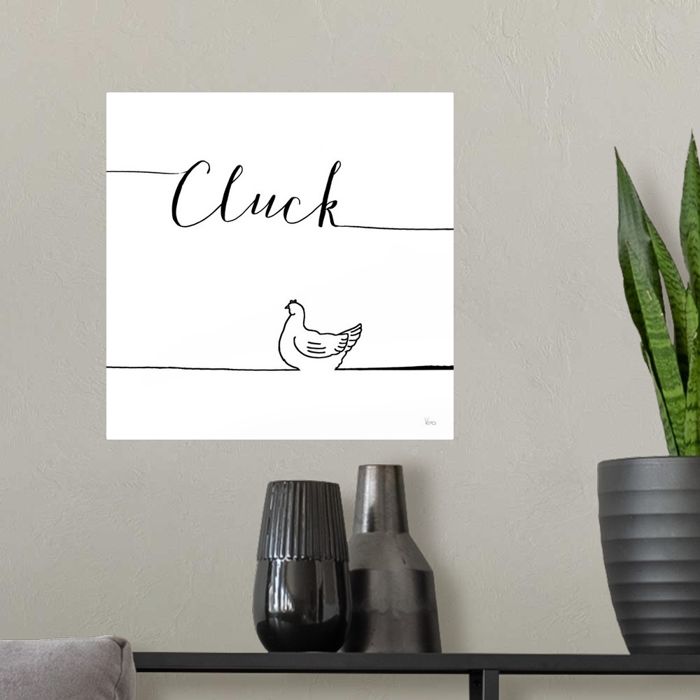 A modern room featuring A simple black and white design of a chicken with the text "Cluck".