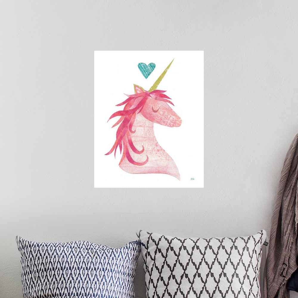 A bohemian room featuring Whimsy cut and paste painting of a pink unicorn with a gold horn and a teal heart at the top.