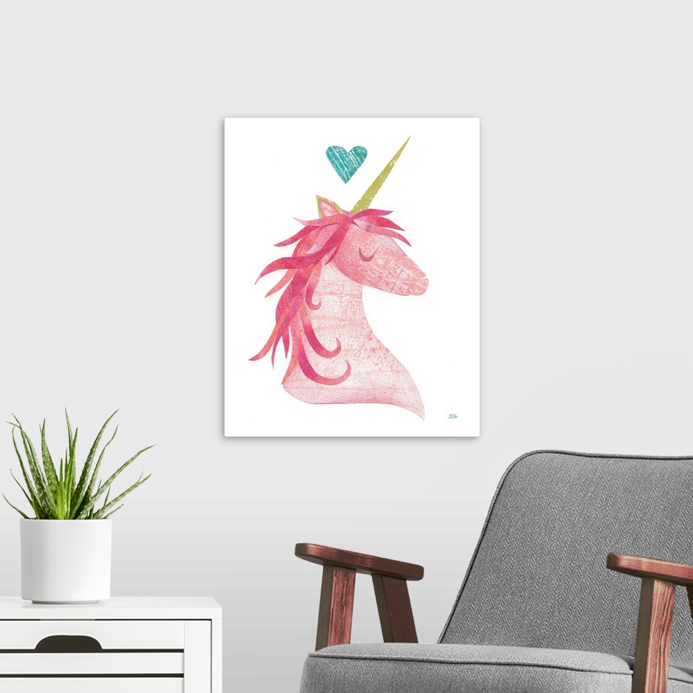 A modern room featuring Whimsy cut and paste painting of a pink unicorn with a gold horn and a teal heart at the top.