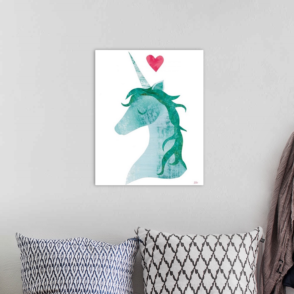 A bohemian room featuring Whimsy cut and paste painting of a teal unicorn with a pink heart at the top.