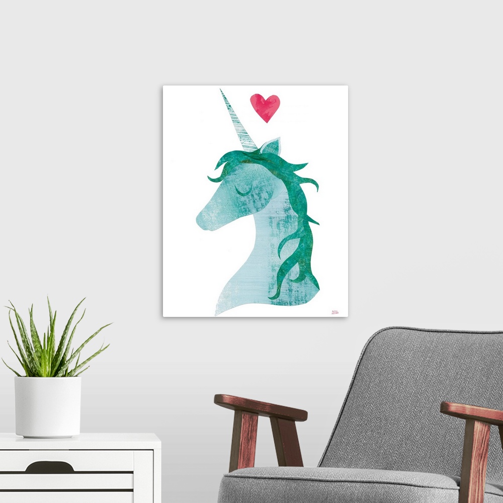 A modern room featuring Whimsy cut and paste painting of a teal unicorn with a pink heart at the top.