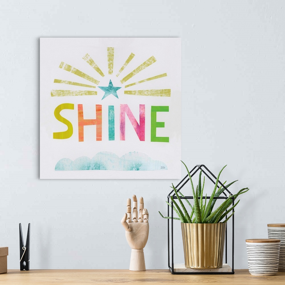 A bohemian room featuring Whimsy decor with the word "Shine" written in different colors.