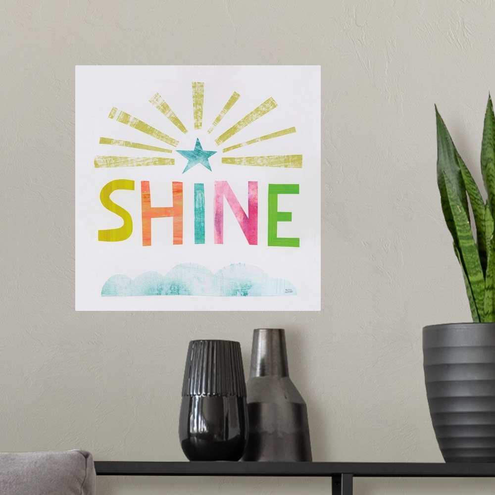 A modern room featuring Whimsy decor with the word "Shine" written in different colors.