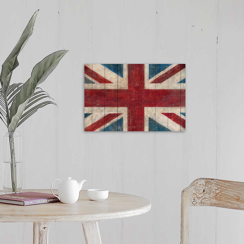 A farmhouse room featuring Decorative wall art of the national flag of the United Kingdom painted on wood panels that have a...