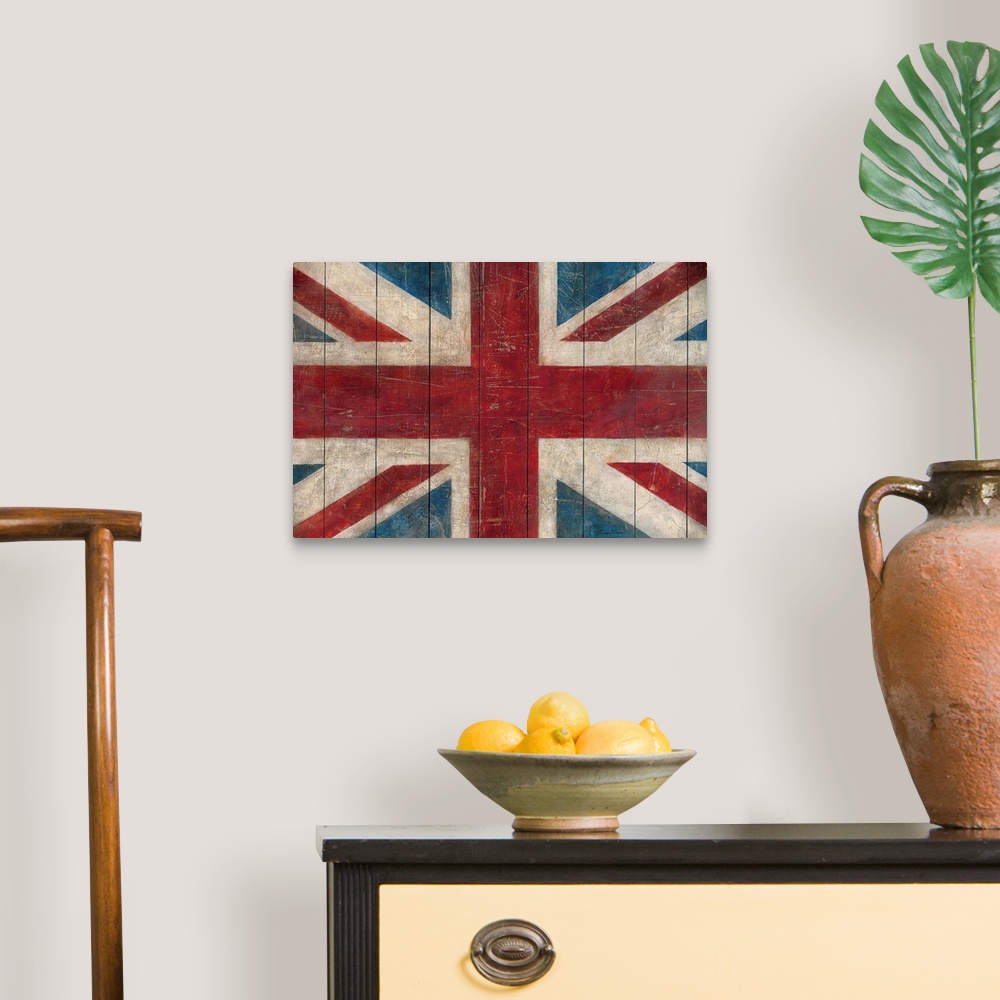 A traditional room featuring Decorative wall art of the national flag of the United Kingdom painted on wood panels that have a...