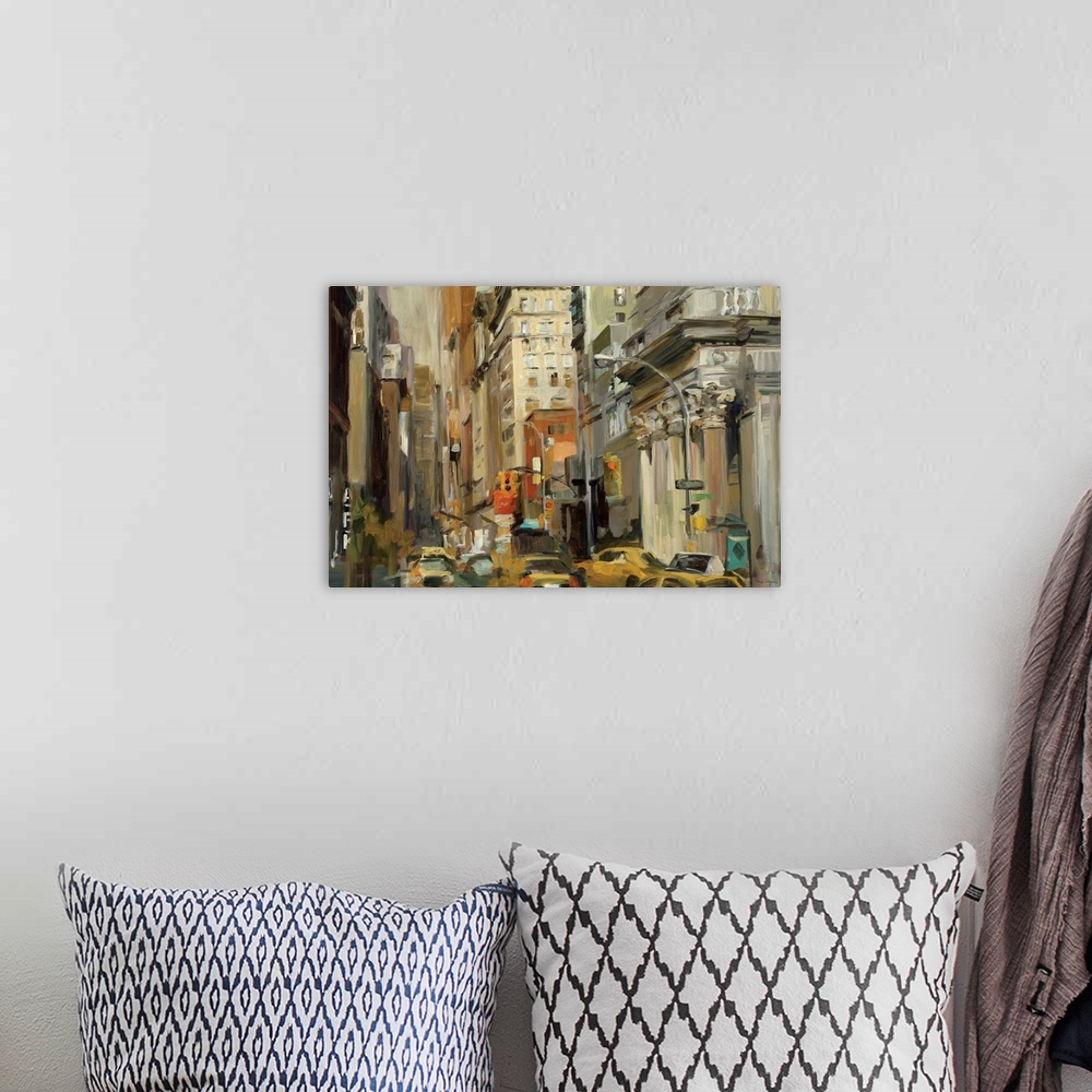 A bohemian room featuring This painting captures the bustling city at street level as taxis slowly push up the streetos tra...
