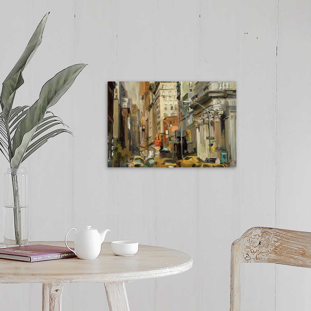 A farmhouse room featuring This painting captures the bustling city at street level as taxis slowly push up the streetos tra...