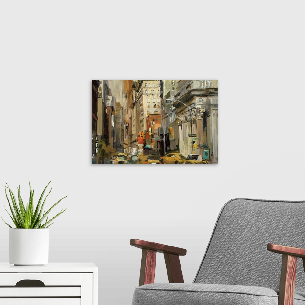 A modern room featuring This painting captures the bustling city at street level as taxis slowly push up the streetos tra...