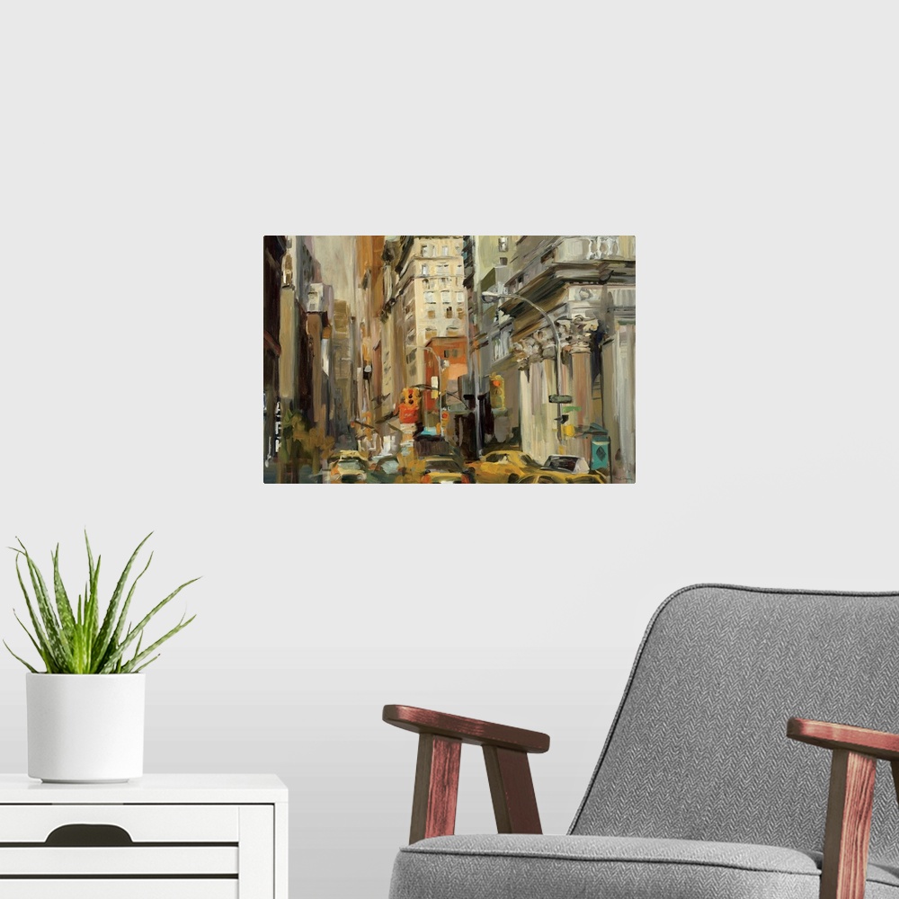 A modern room featuring This painting captures the bustling city at street level as taxis slowly push up the streetos tra...