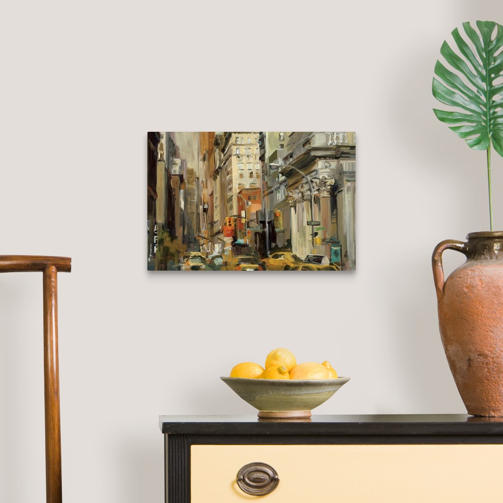 A traditional room featuring This painting captures the bustling city at street level as taxis slowly push up the streetos tra...