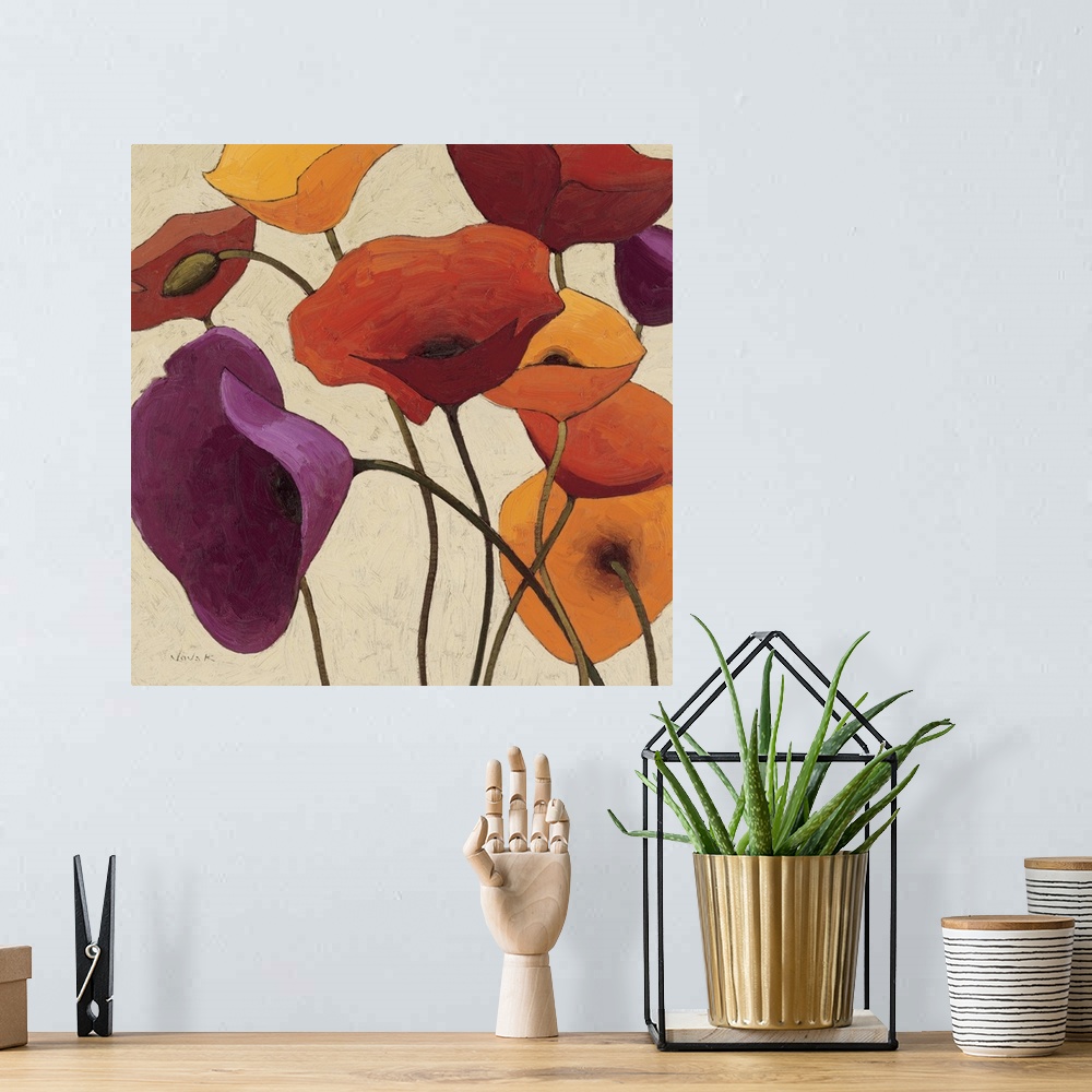 A bohemian room featuring This decorative accent is a square contemporary painting of stylized poppy flowers against a neut...