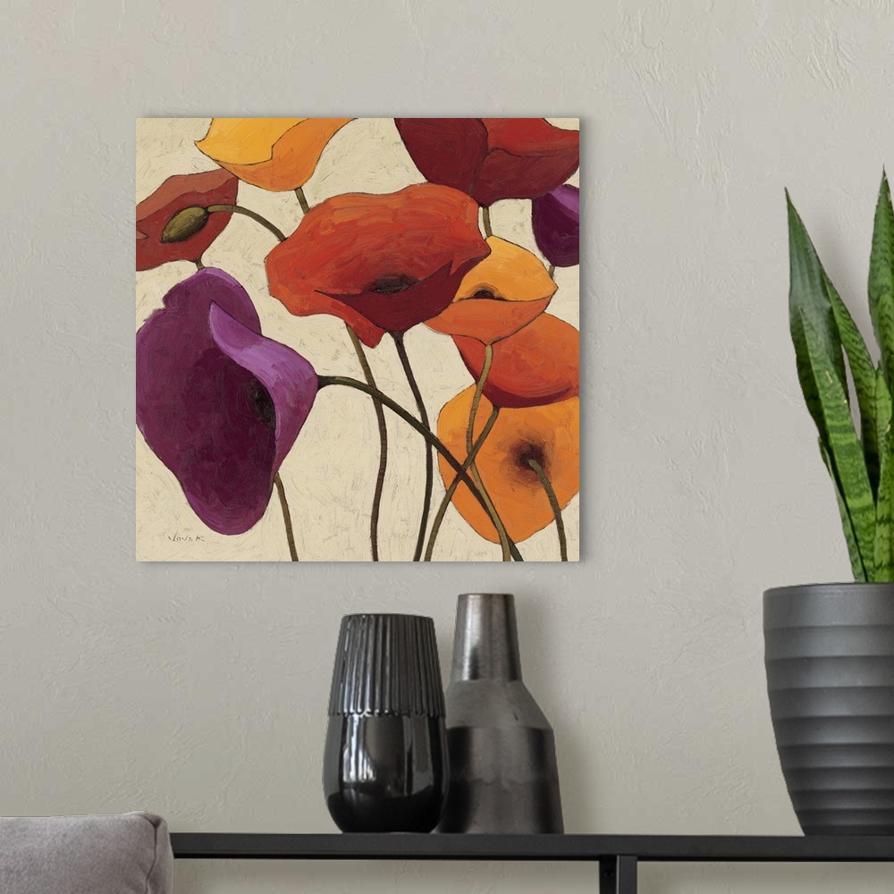 A modern room featuring This decorative accent is a square contemporary painting of stylized poppy flowers against a neut...