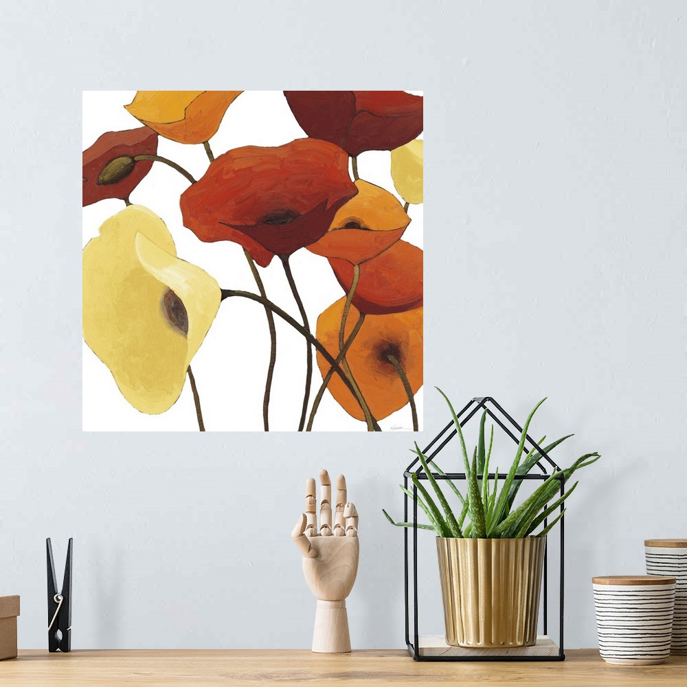 A bohemian room featuring Large square contemporary painting of orange, yellow and red poppies.