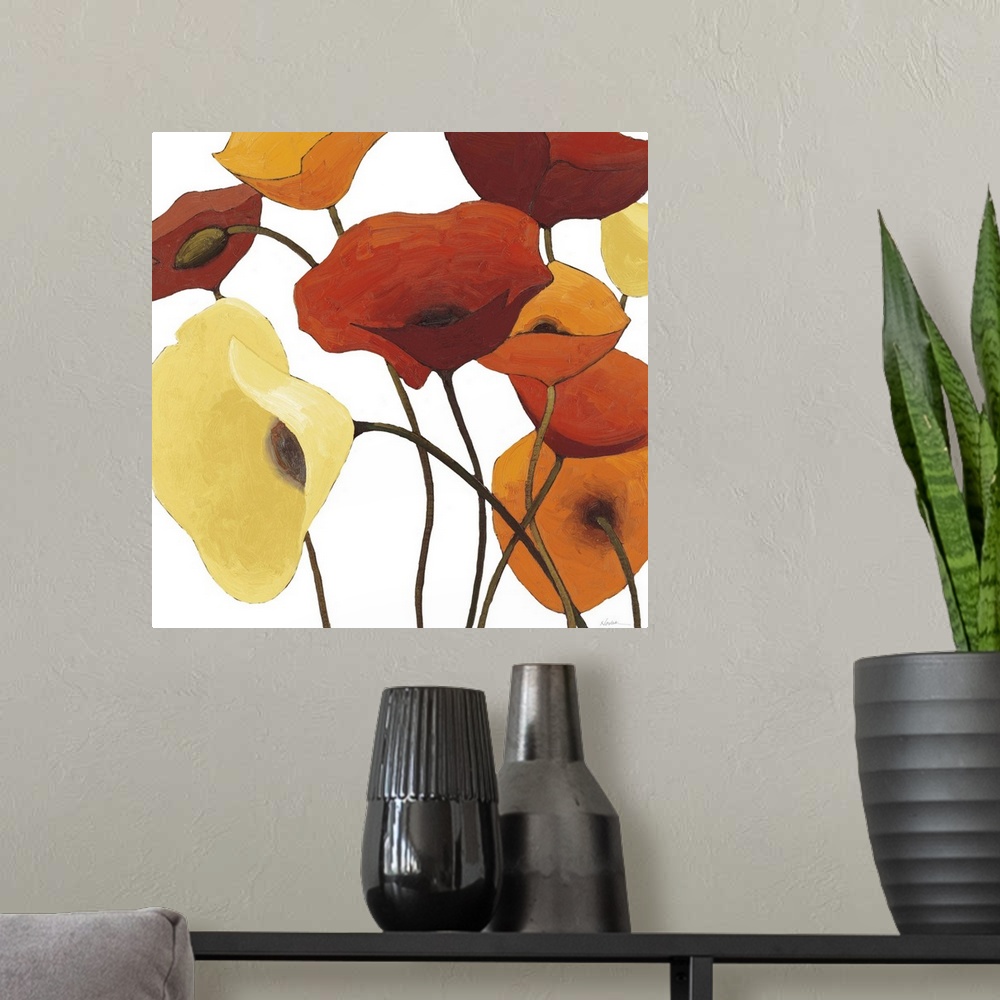 A modern room featuring Large square contemporary painting of orange, yellow and red poppies.