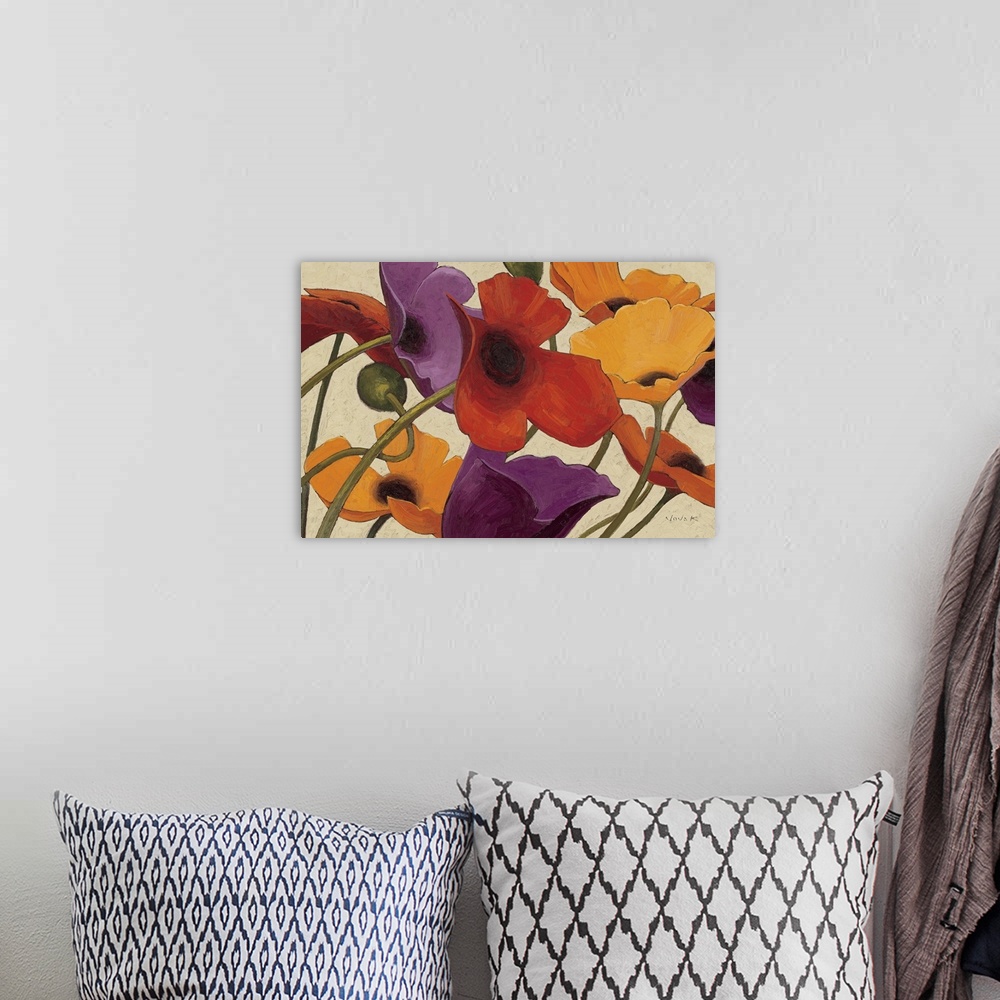 A bohemian room featuring Painting of colorful poppy flowers intertwined with each other.