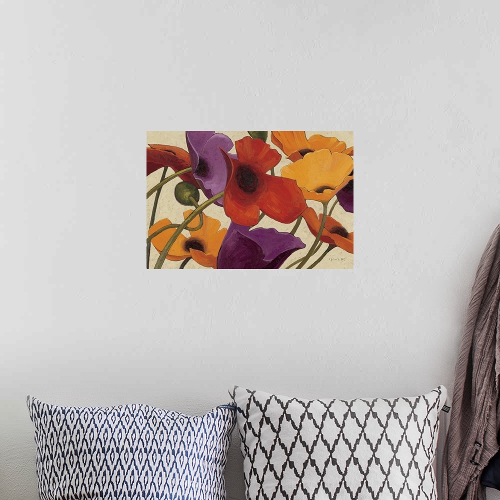 A bohemian room featuring Painting of colorful poppy flowers intertwined with each other.