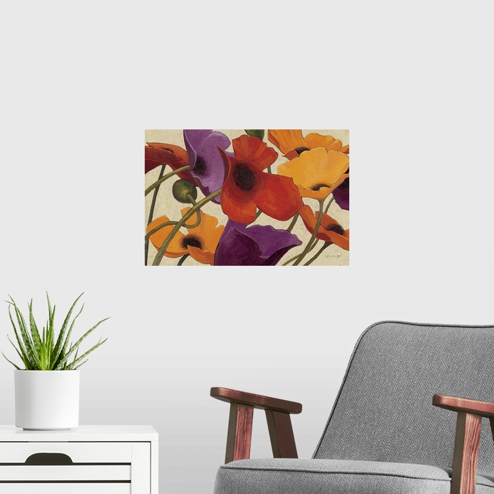 A modern room featuring Painting of colorful poppy flowers intertwined with each other.
