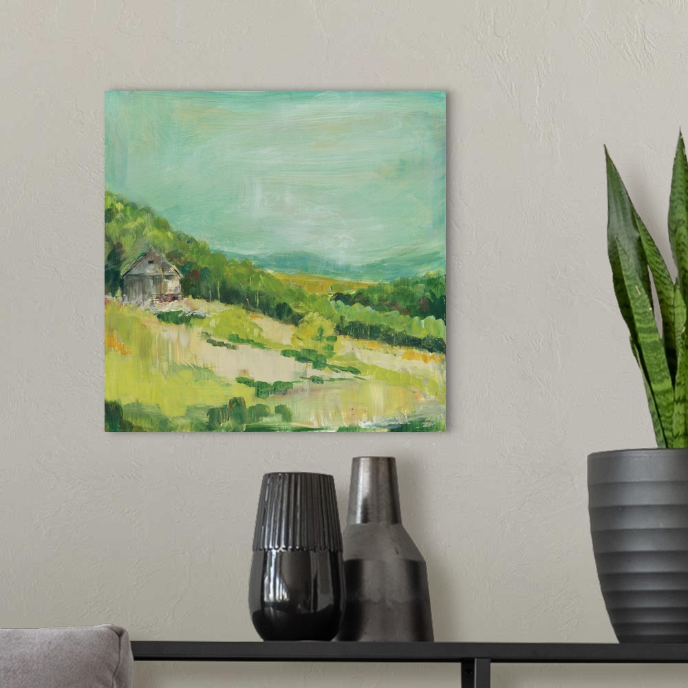 A modern room featuring Contemporary painting of a small house on a hillside covered in green trees and grass.