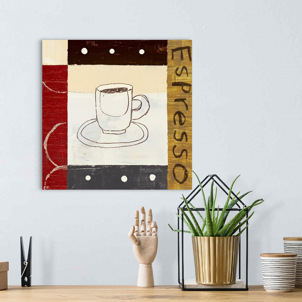 A bohemian room featuring Square decorative wall art of a drawing of a cup of espresso surrounded by blocks of color and te...