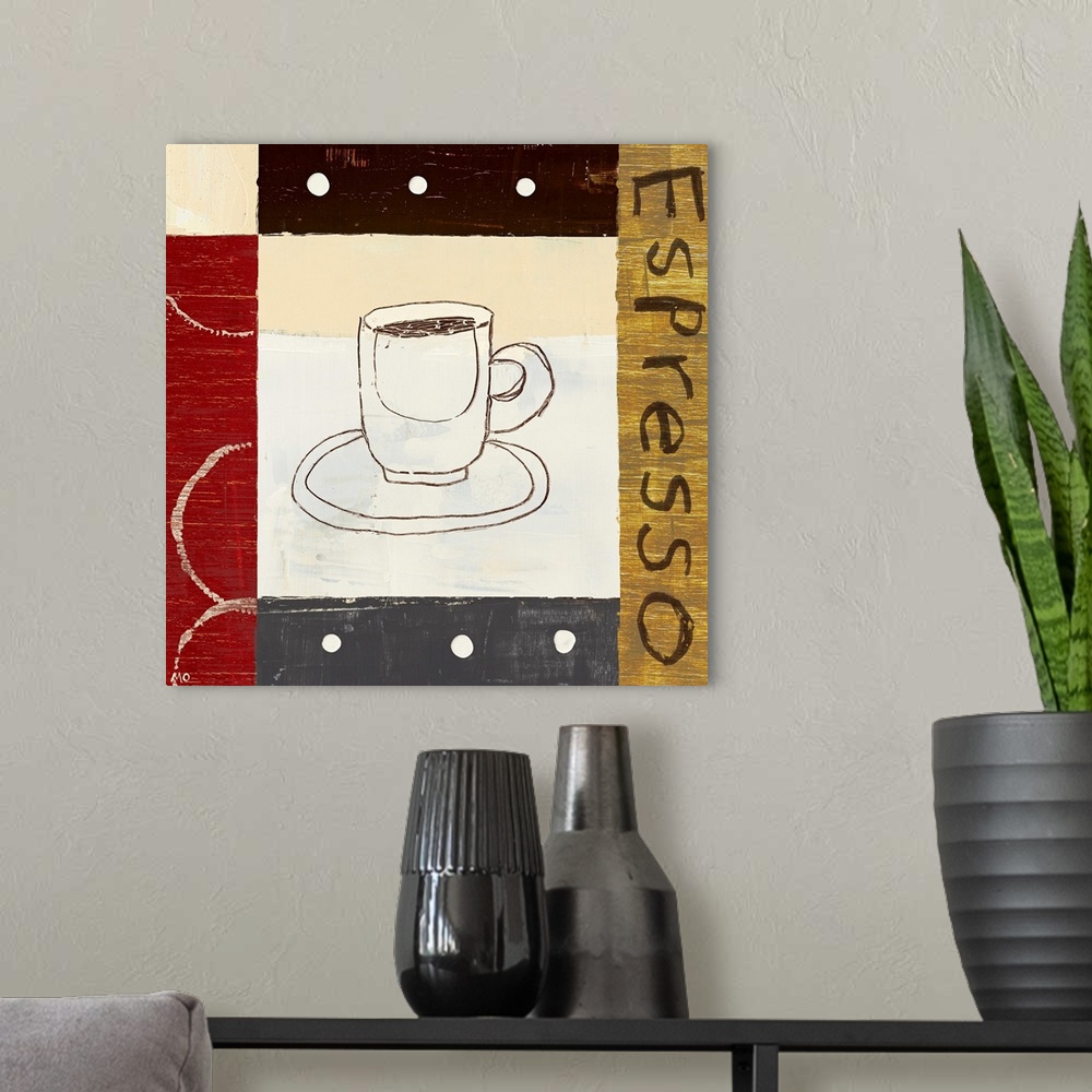 A modern room featuring Square decorative wall art of a drawing of a cup of espresso surrounded by blocks of color and te...