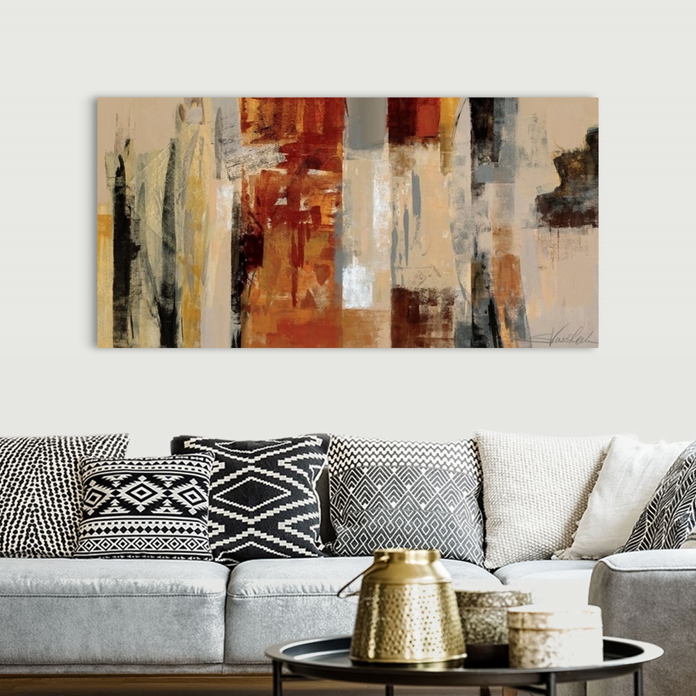A bohemian room featuring Panoramic abstract artwork with strong vertical movement implying skyscrapers.