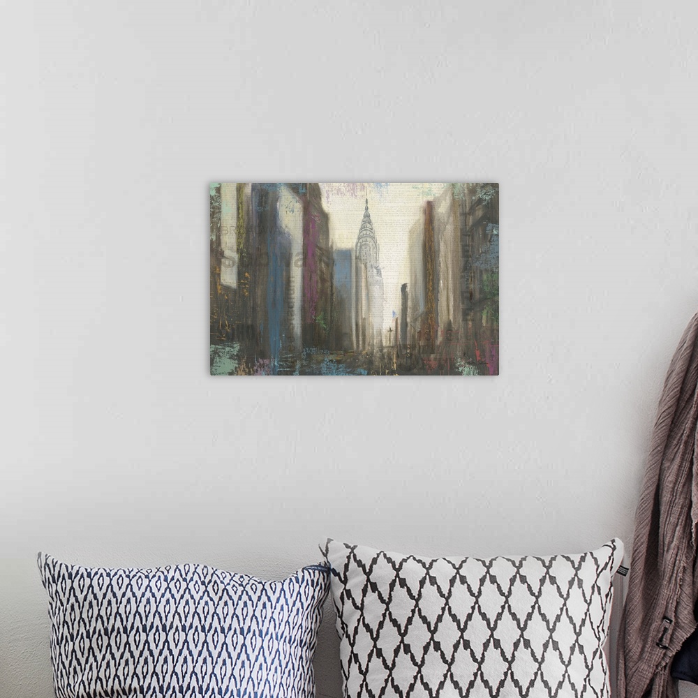 A bohemian room featuring Contemporary painting of a view down a city street to the Chrysler building in NYC.