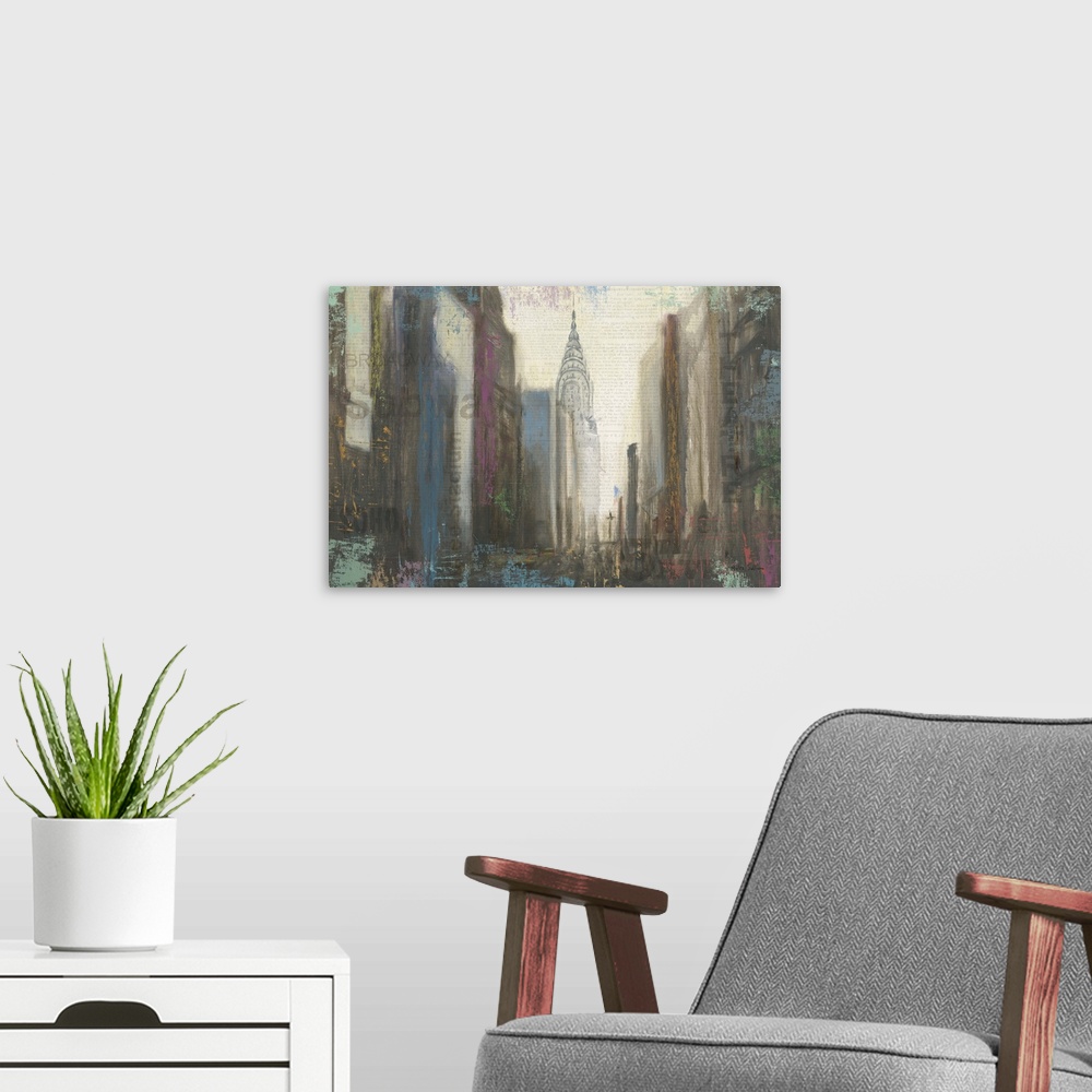A modern room featuring Contemporary painting of a view down a city street to the Chrysler building in NYC.