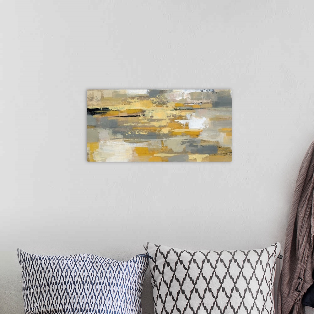 A bohemian room featuring Contemporary abstract painting using gray white yellow and earth tones.