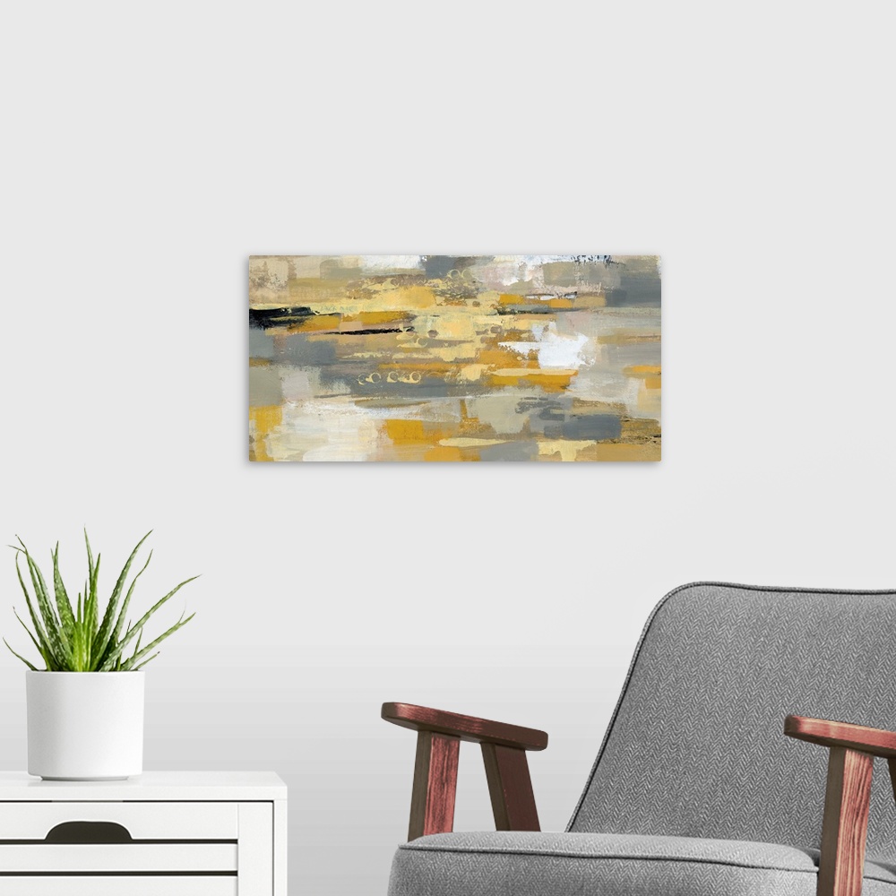 A modern room featuring Contemporary abstract painting using gray white yellow and earth tones.