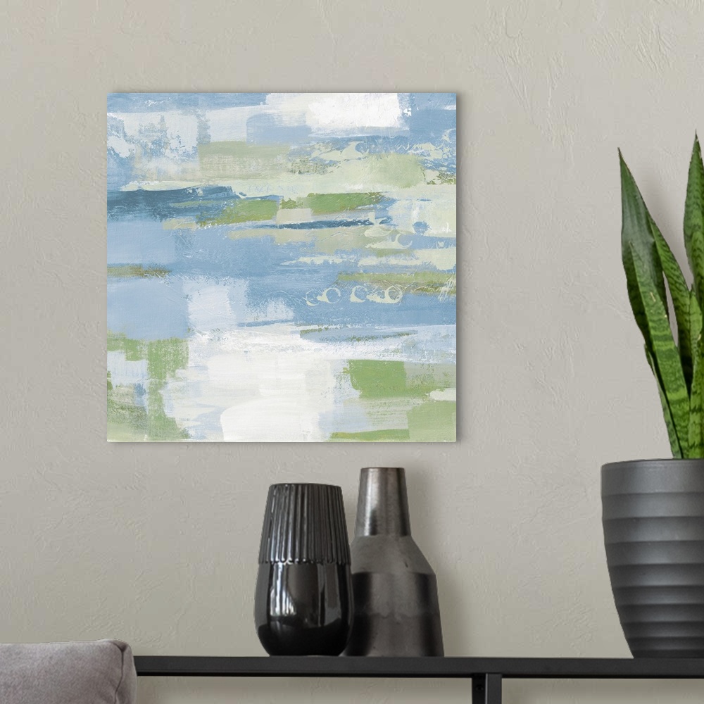 A modern room featuring A square abstract painting of horizontal brush strokes in textured tones of blue, green and white.
