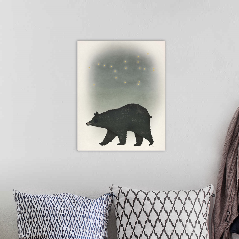 A bohemian room featuring Illustration of a black bear and a starry night sky.