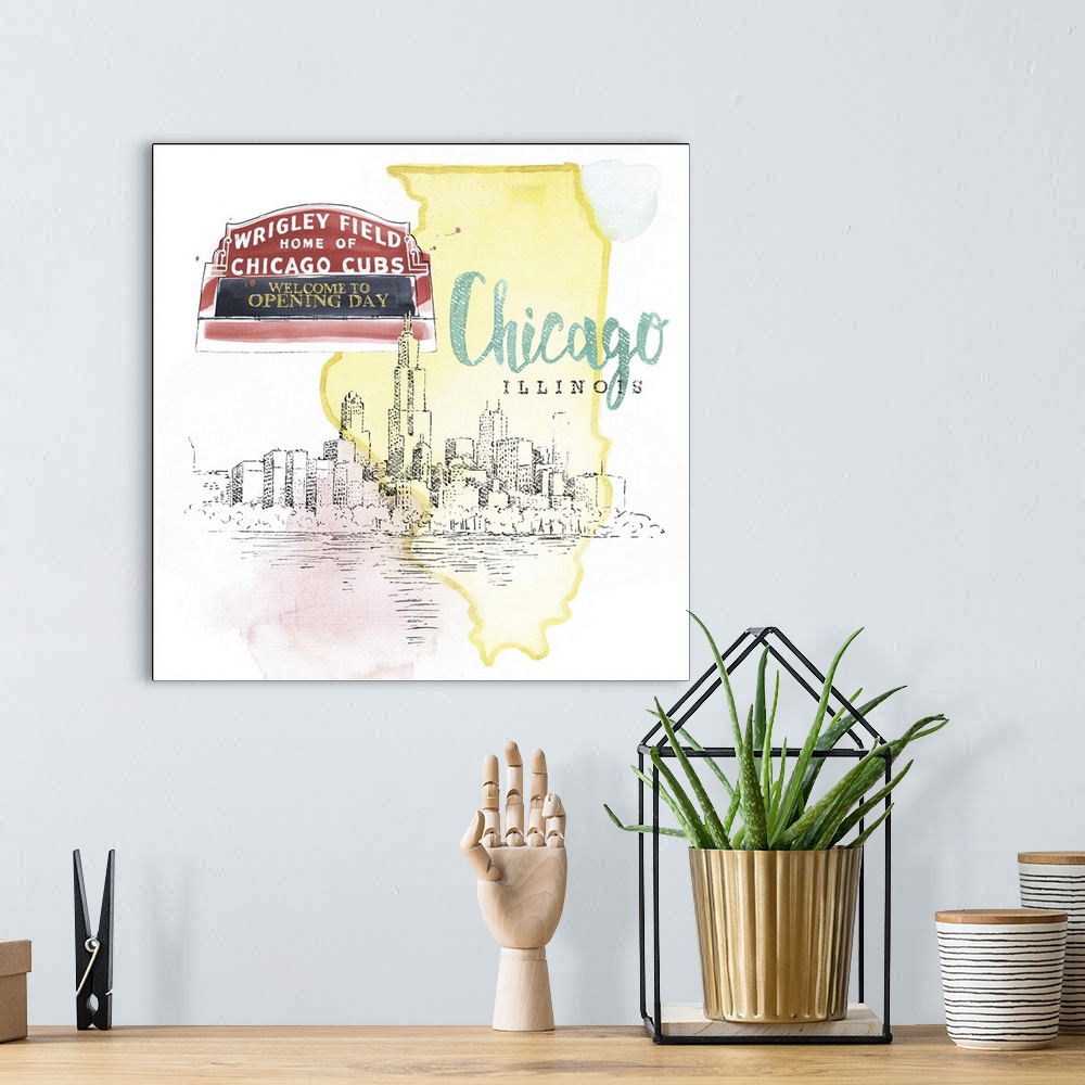 A bohemian room featuring Square watercolor and ink illustration of a Chicago skyline with a Wrigley Field sign and a yello...