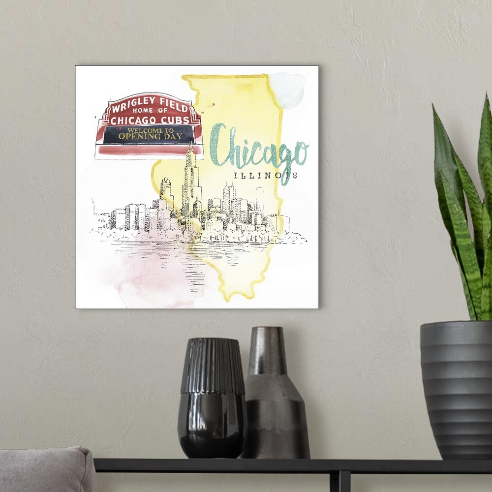 A modern room featuring Square watercolor and ink illustration of a Chicago skyline with a Wrigley Field sign and a yello...