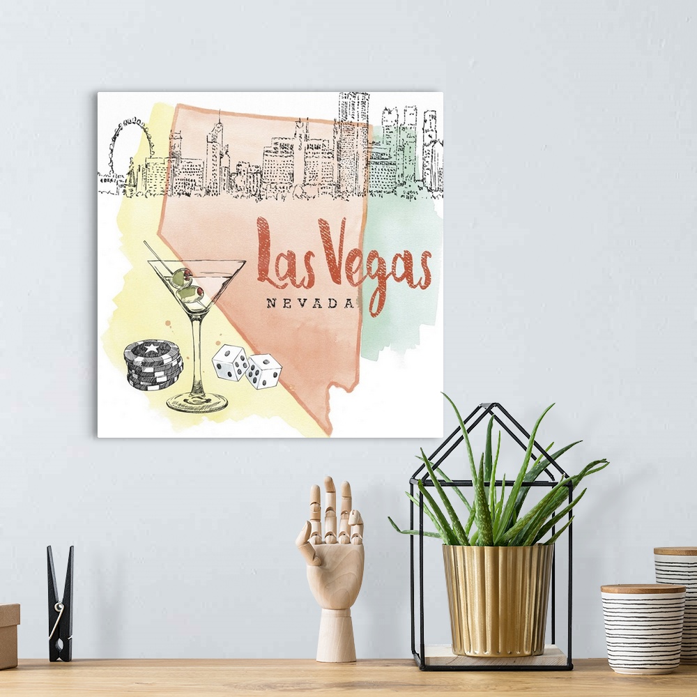 A bohemian room featuring Square watercolor and ink illustration of a Las Vegas skyline with a martini glass, poker chips, ...